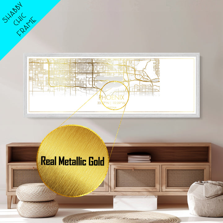 Phoenix Arizona City street map, Panoramic art, black and gold, Metallic Gold Print, Metal Art, real wood frames, Housewarming Gift