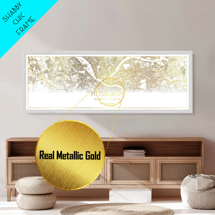 Pittsburgh Pennsylvania City Poster, Panoramic street map, black and gold, Metallic Gold Art, Metal Art, wood framed map, Closing Gift