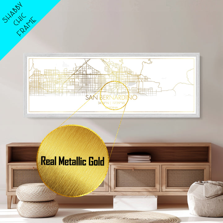 San Bernardino California City street map, Panoramic art, black and gold, Metallic Gold Print, Metal Art, real wood frames, Modern House Art