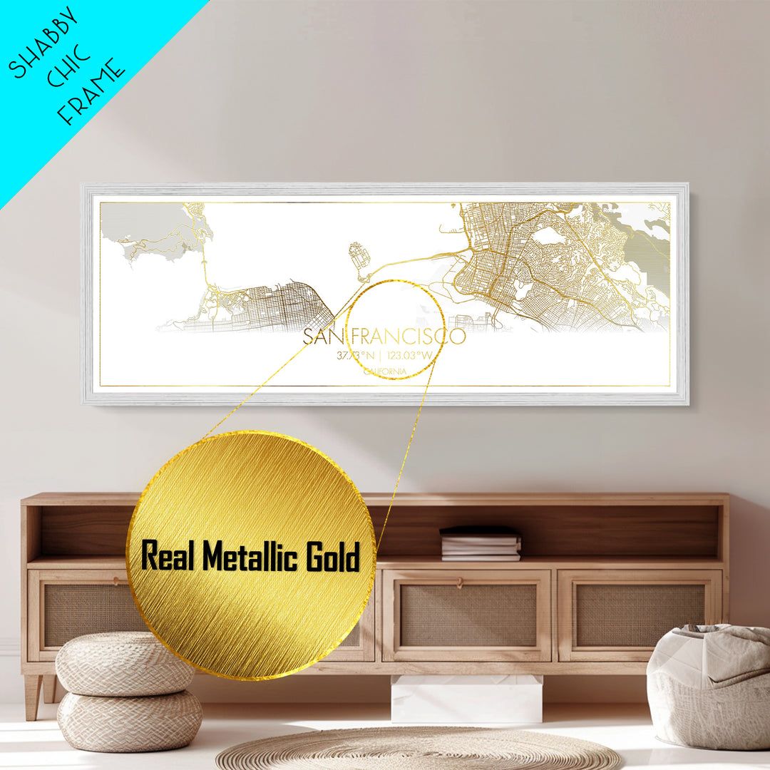 San Francisco California City street map, Panoramic art, black and gold, Metallic Gold Print, Metal Art, real wood frames, Housewarming Gift