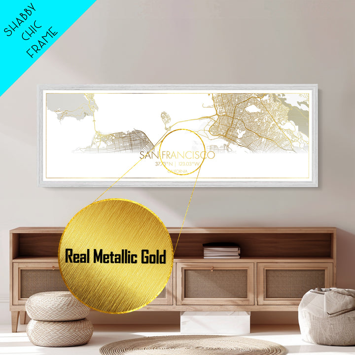 San Francisco California City street map, Panoramic art, black and gold, Metallic Gold Print, Metal Art, real wood frames, Housewarming Gift