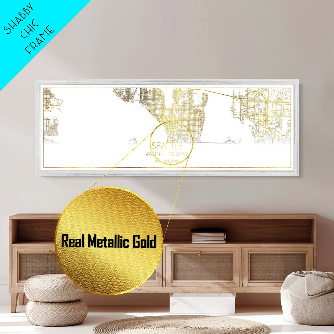 Seattle Washington City street map, Panoramic art, black and gold, Metallic Gold Print, Metal Art, real wood frames, Office Décor
