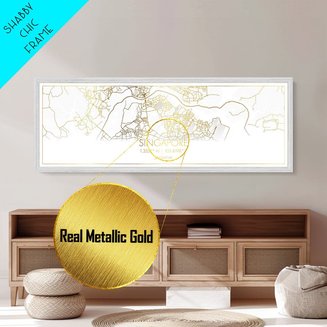Singapore Singapore City Poster, Panoramic street map, black and gold, Metallic Gold Art, Metal Art, wood framed map, Office Décor