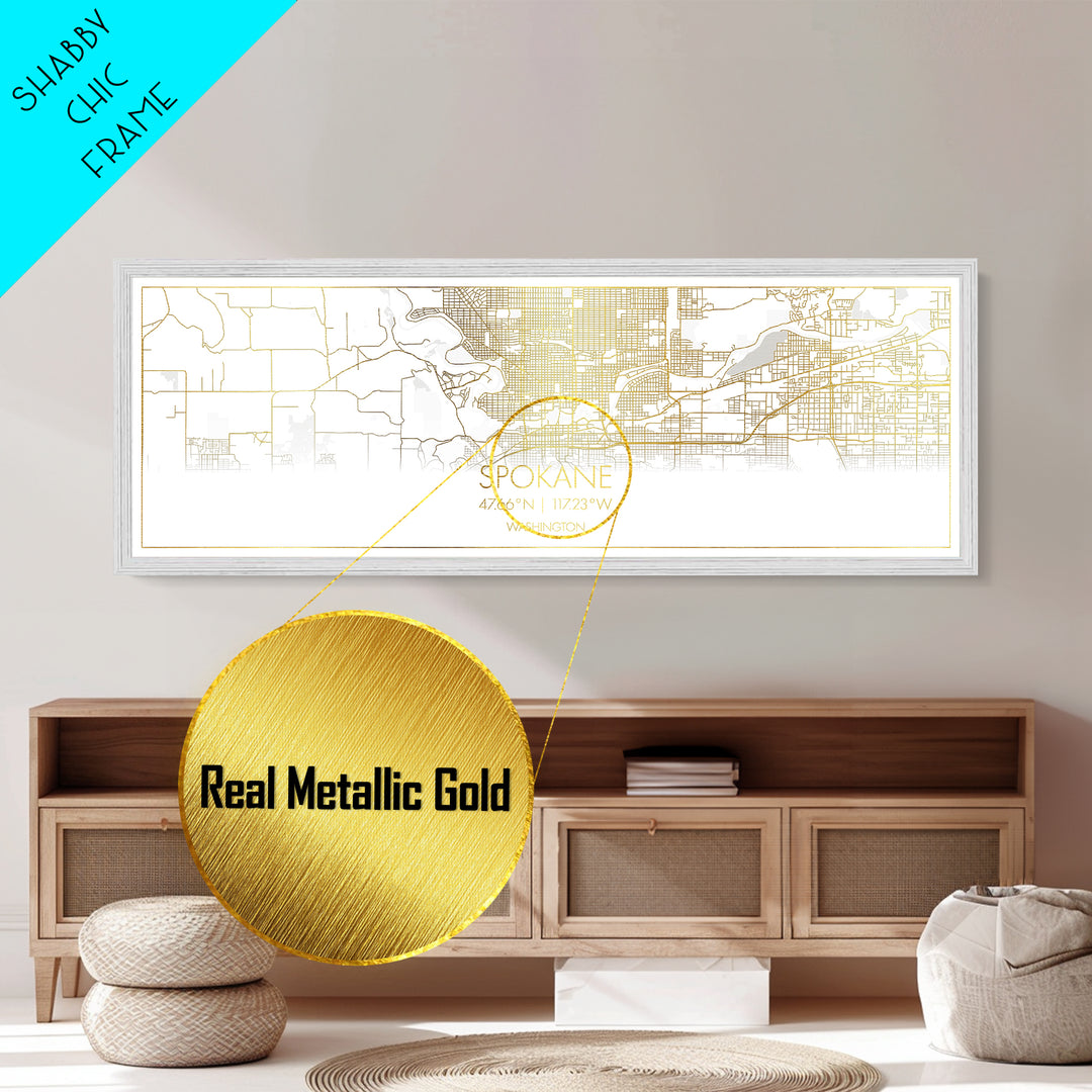 Spokane Washington City street map, Panoramic art, black and gold, Metallic Gold Print, Metal Art, real wood frames, Office Décor