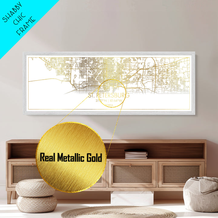 St. Petersburg Florida City street map, Panoramic art, black and gold, Metallic Gold Print, Metal Art, real wood frames, Map Print Poster