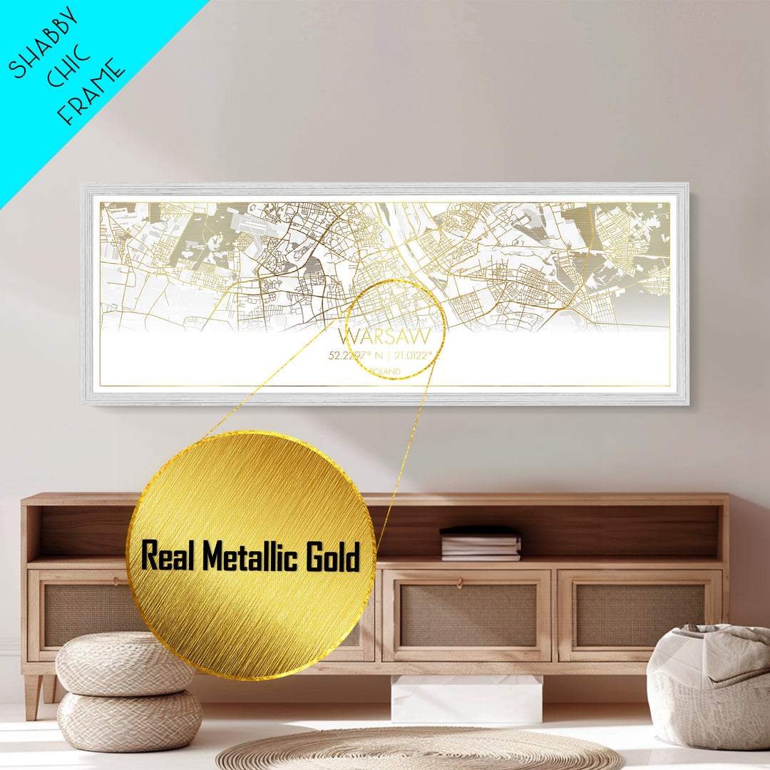 Warsaw Poland City street map, Panoramic art, black and gold, Metallic Gold Print, Metal Art, real wood frames, College Dorm Décor