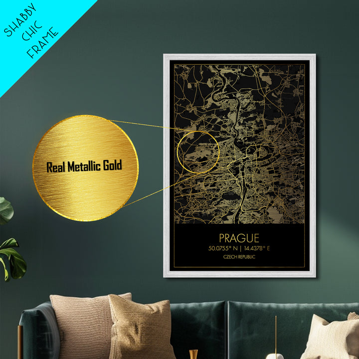 Prague Czech Republic City street map, Metallic Gold Print, Metal Art, wood framed map, black and gold, Street Map Wall Art, Modern Wall Art