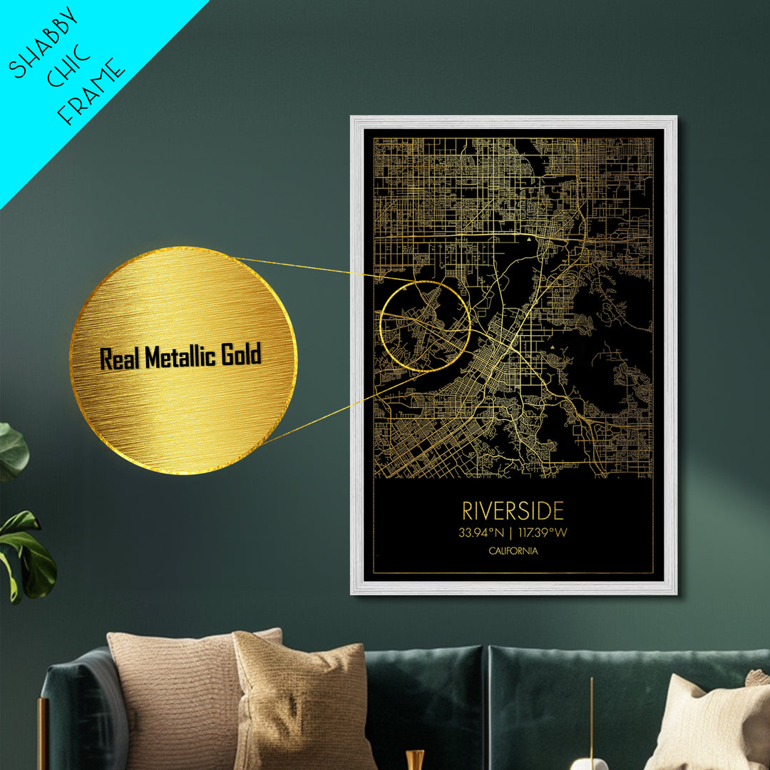 Riverside California City Poster, Metallic Gold Art, Metal Art, real wood frames, black and gold, Modern House Art, Office Decor