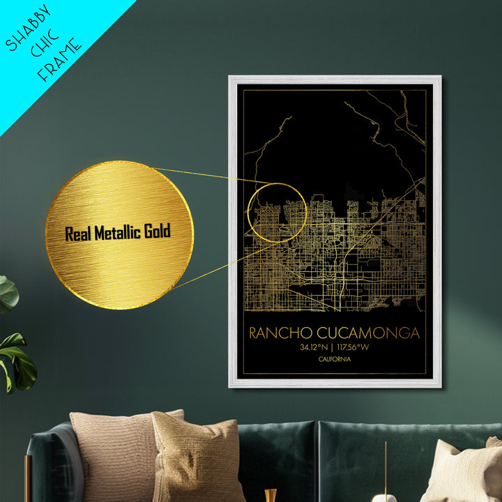 Rancho Cucamonga California City Poster, Metallic Gold Art, Metal Art, real wood frames, black and gold, Minimalist Wall Art, Street Map Art