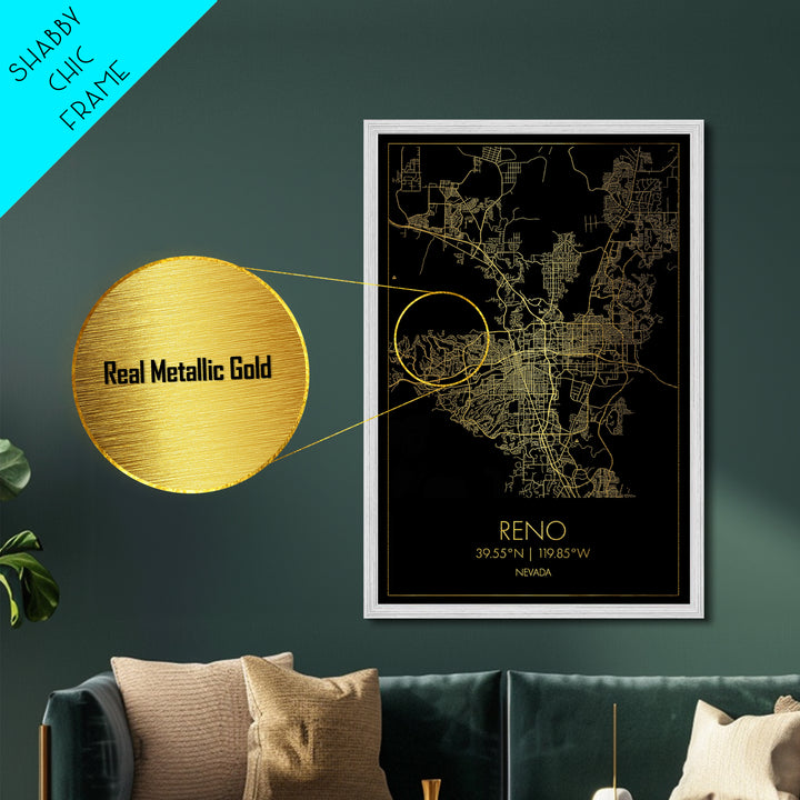 Reno Nevada City street map, Metallic Gold Print, Metal Art, wood framed map, black and gold, Street Map Wall Art, Closing Gift