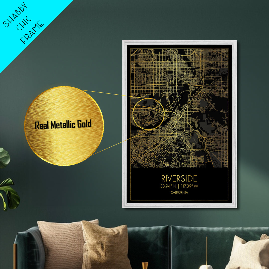 Riverside California City street map, Metallic Gold Print, Metal Art, wood framed map, black and gold, Street Map Art, College Dorm Décor