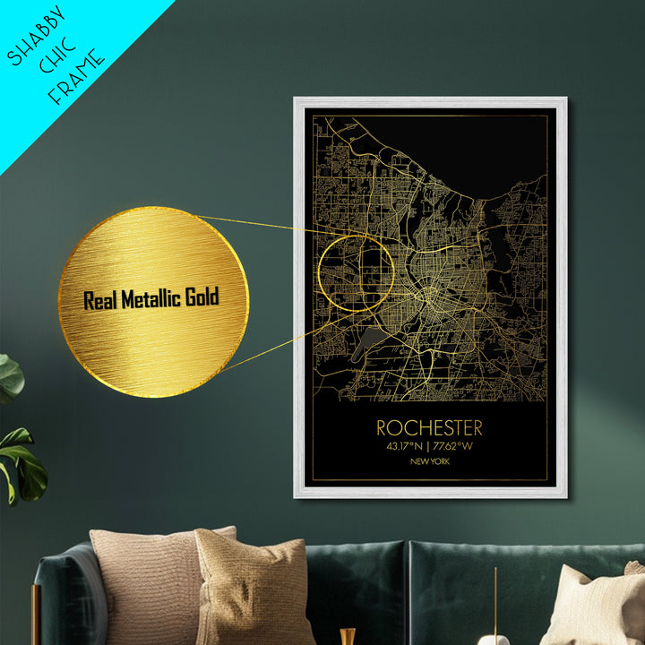 Rochester New York City street map, Metallic Gold Print, Metal Art, wood framed map, black and gold, Map Art, Closing Gift
