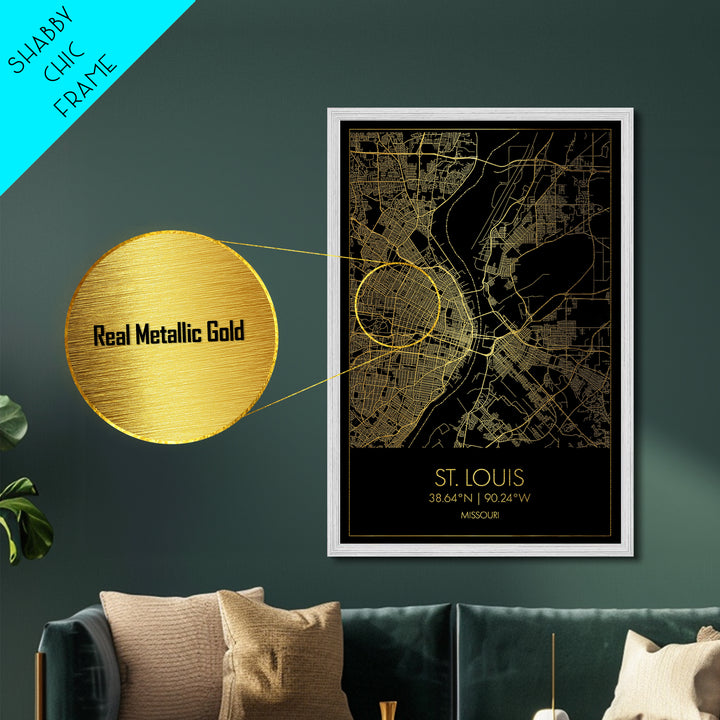 St. Louis Missouri City Poster, Metallic Gold Art, Metal Art, real wood frames, black and gold, Street Map Art, Modern House Art
