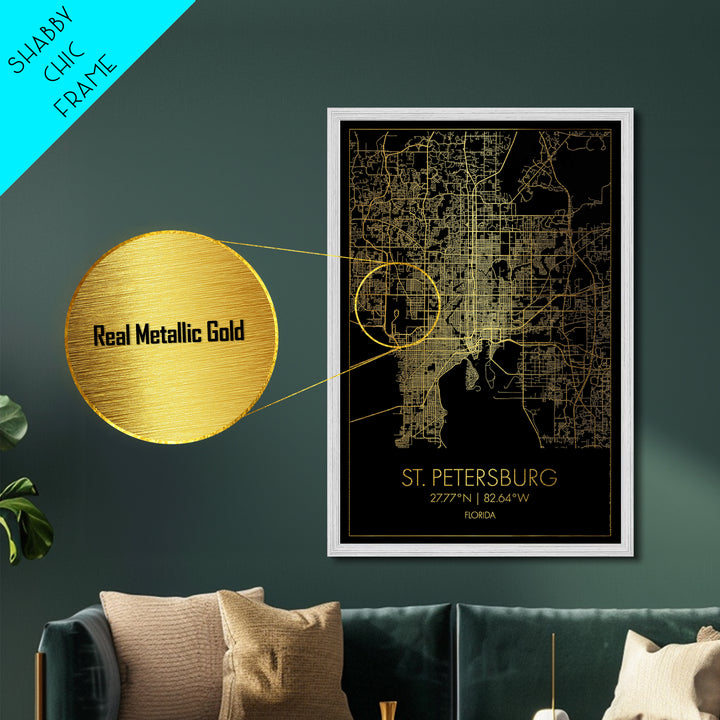 St. Petersburg Florida City Poster, Metallic Gold Art, Metal Art, real wood frames, black and gold, Map Art, Best Friend Gifts