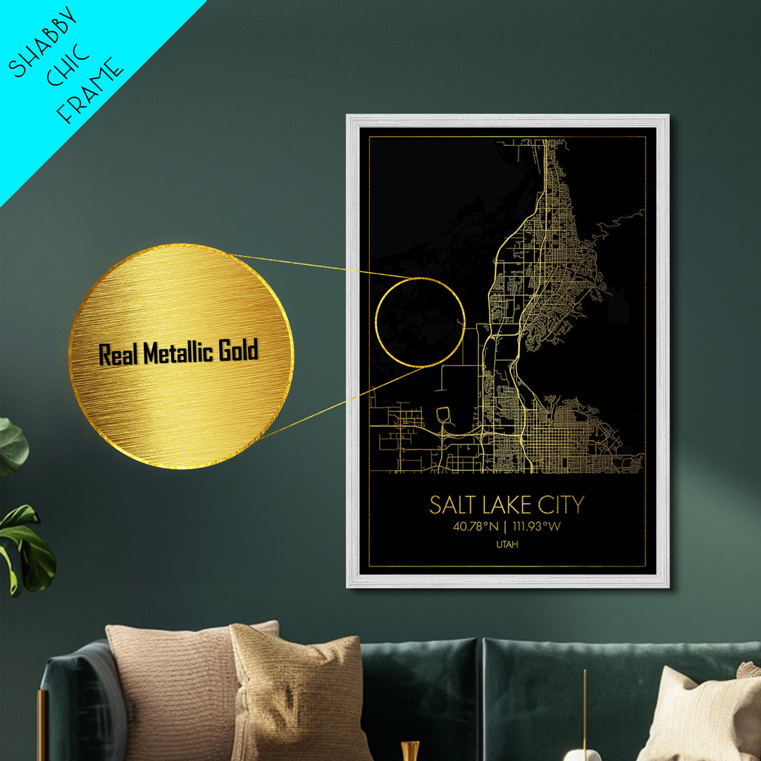 Salt Lake City Utah City Poster, Metallic Gold Art, Metal Art, real wood frames, black and gold, Map Art, Best Friend Gifts