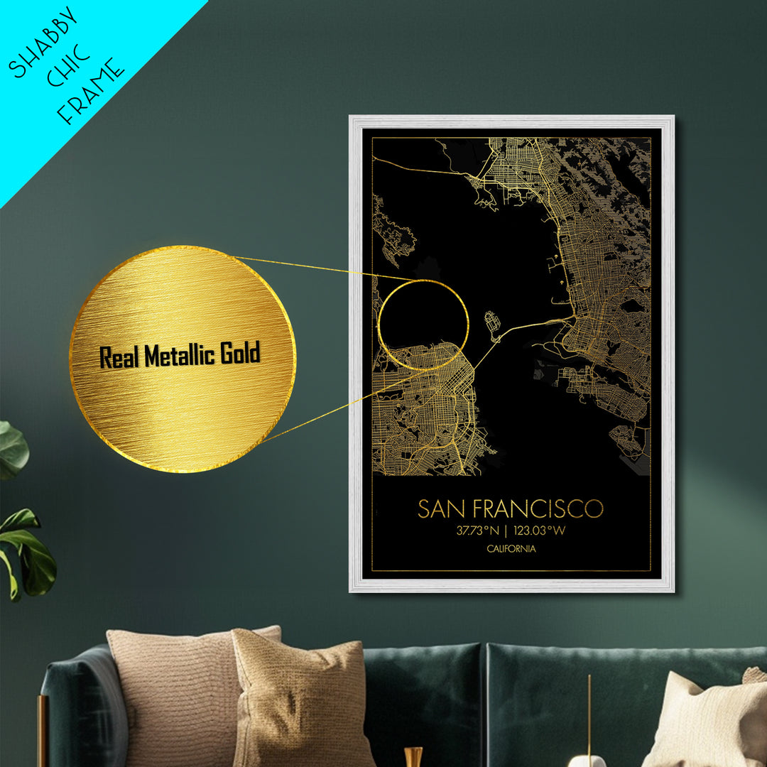 San Francisco California City Poster, Metallic Gold Art, Metal Art, real wood frames, black and gold, Gold Street Map Art, Best Friend Gifts