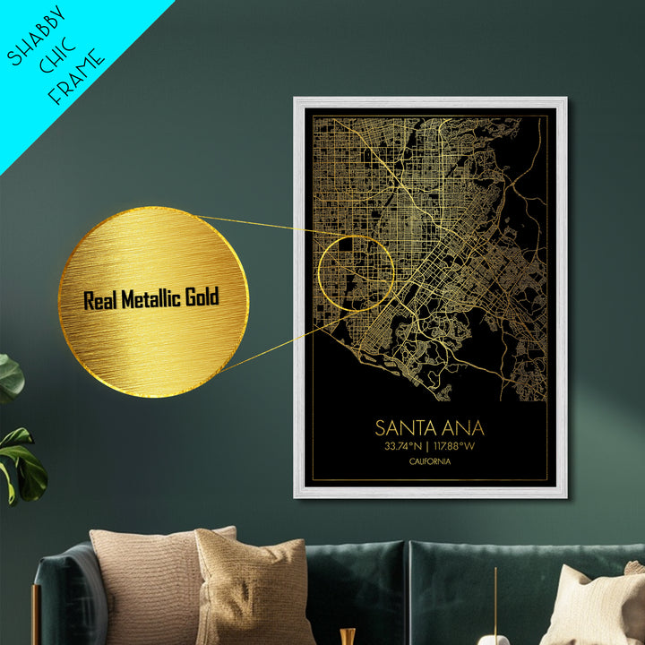 Santa Ana California City Poster, Metallic Gold Art, Metal Art, real wood frames, black and gold, Street Map Art, Modern House Art