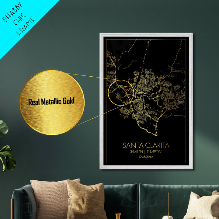 Santa Clarita California City street map, Metallic Gold Print, Metal Art, wood framed map, black and gold, Office Decor, Closing Gift