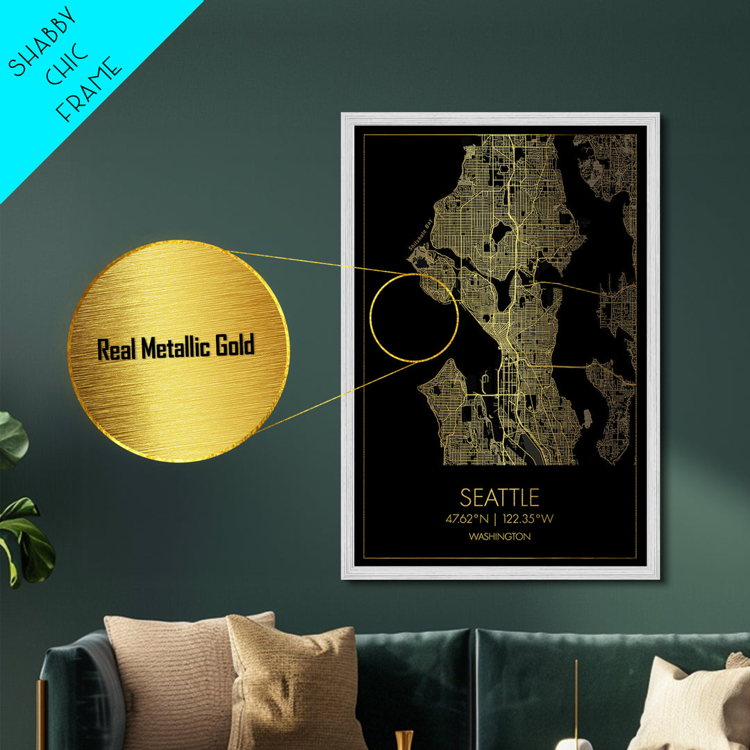 Seattle Washington City Poster, Metallic Gold Art, Metal Art, real wood frames, black and gold, Minimalist Wall Art, Map Print Poster
