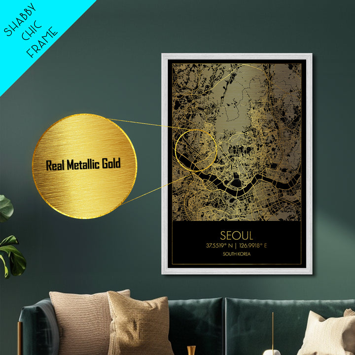 Seoul South Korea City street map, Metallic Gold Print, Metal Art, wood framed map, black and gold, Street Map Art, Office Decor