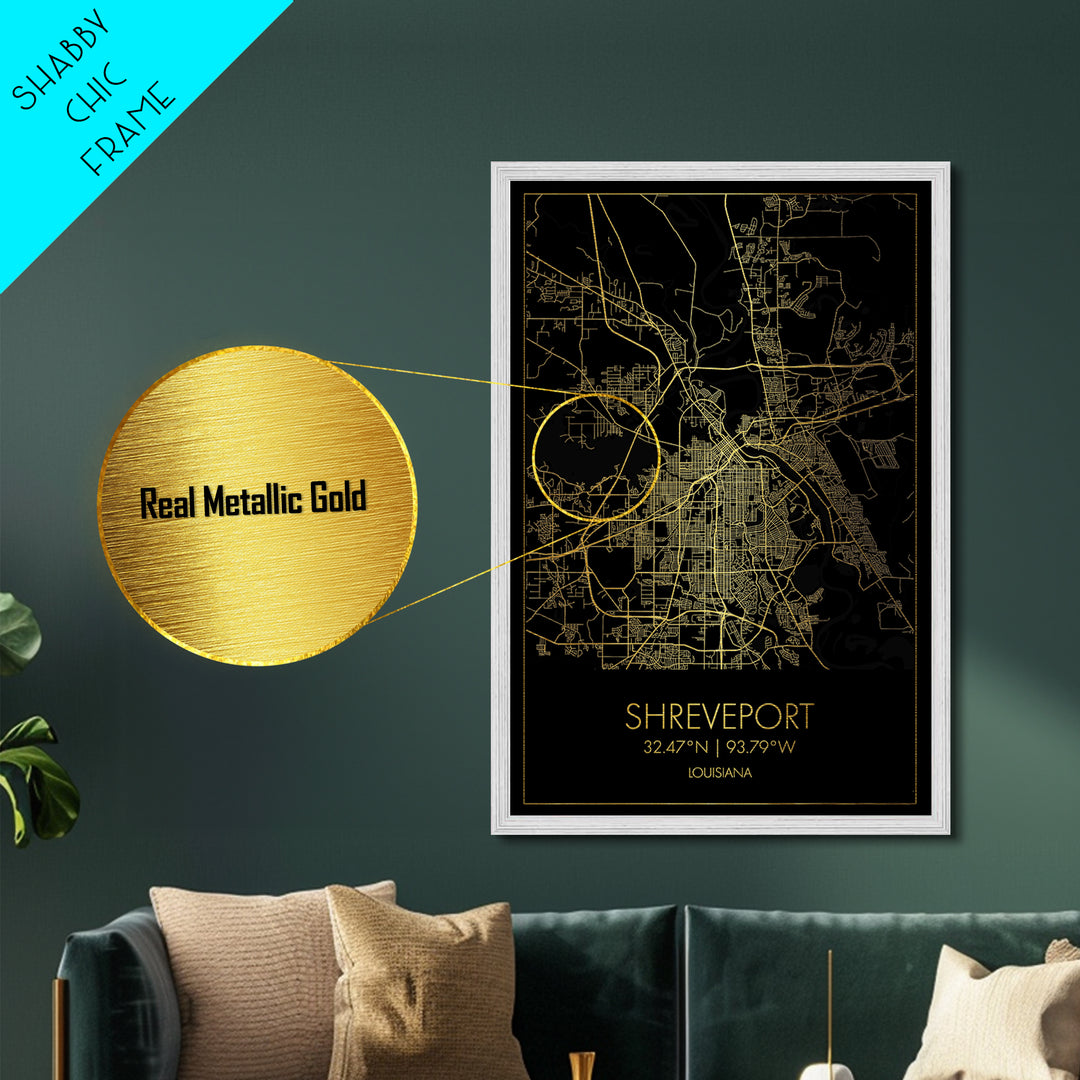 Shreveport Louisiana City Poster, Metallic Gold Art, Metal Art, real wood frames, black and gold, Map Art, Best Friend Gifts