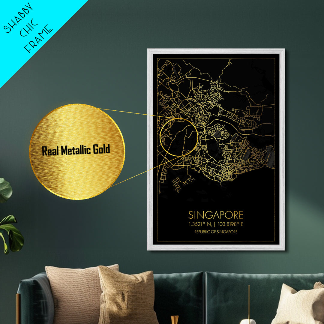 Singapore Singapore City street map, Metallic Gold Print, Metal Art, wood framed map, black and gold, Gold Street Map Art, Modern Wall Art