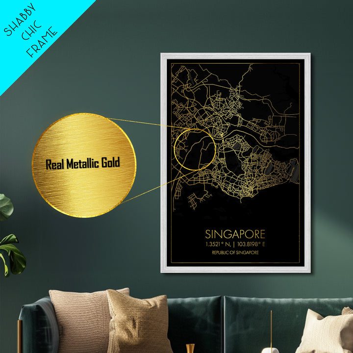 Singapore Singapore City street map, Metallic Gold Print, Metal Art, wood framed map, black and gold, Gold Street Map Art, Modern Wall Art