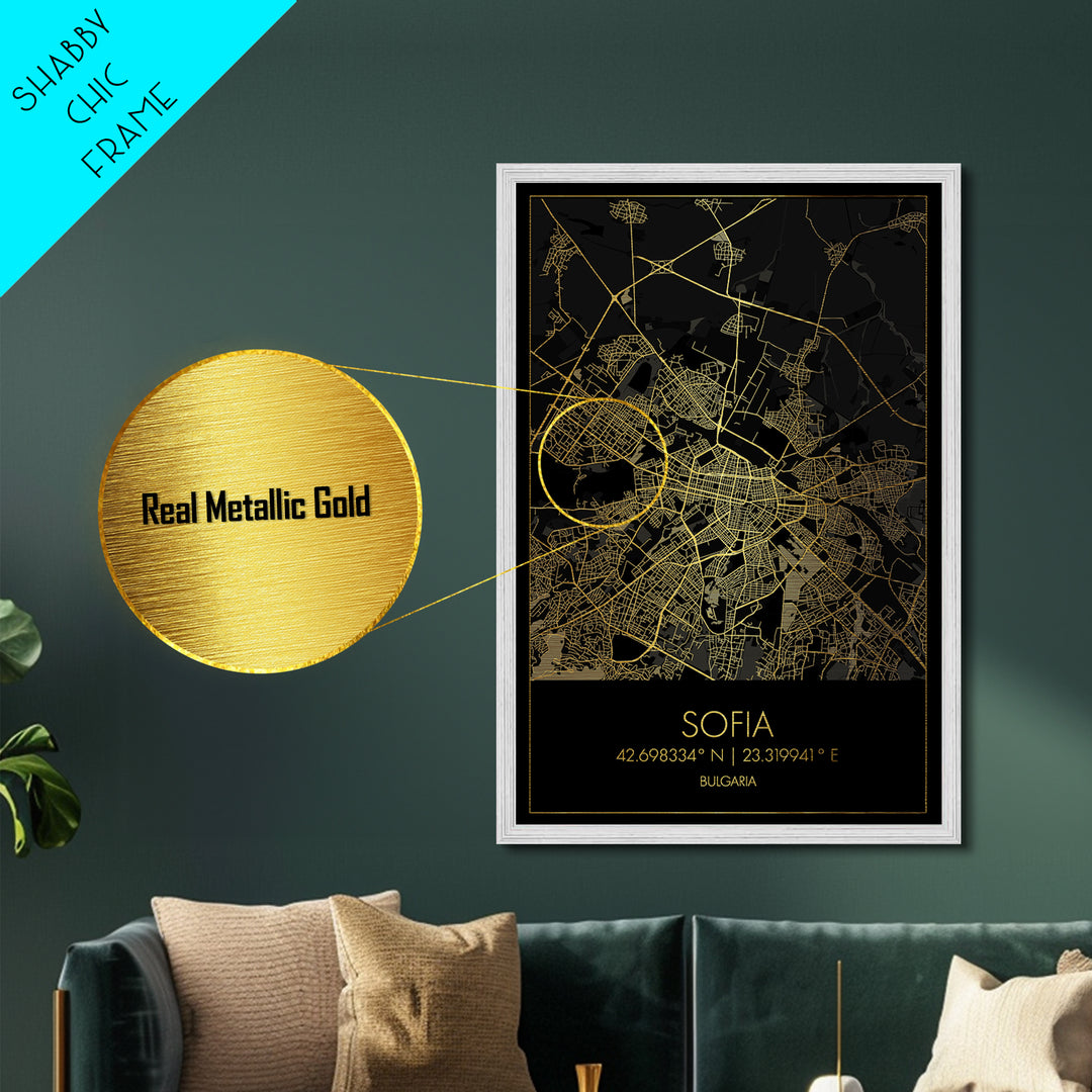 Sofia Bulgaria City street map, Metallic Gold Print, Metal Art, wood framed map, black and gold, Map Art, Housewarming Gift