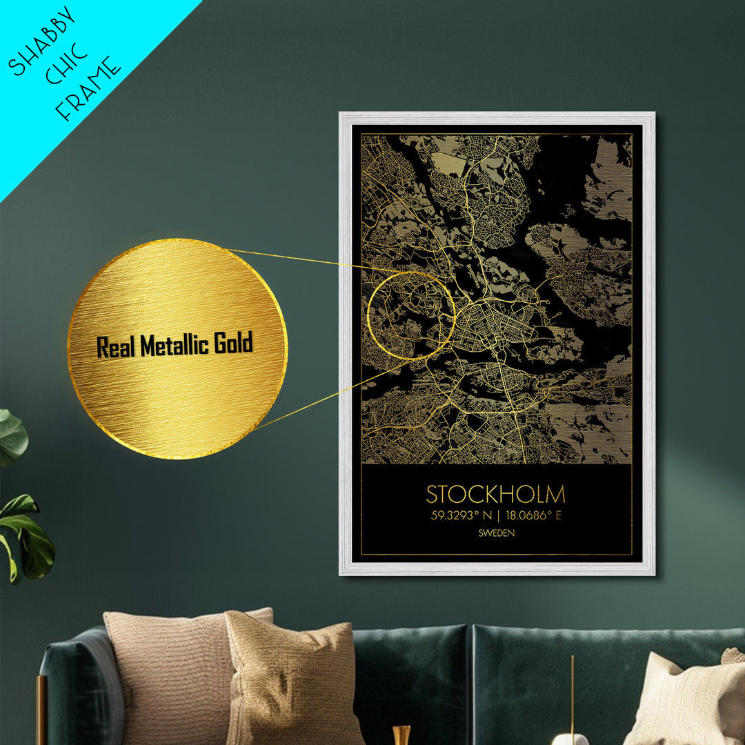 Stockholm Sweden City street map, Metallic Gold Print, Metal Art, wood framed map, black and gold, Gold Street Map Art, Modern Wall Art