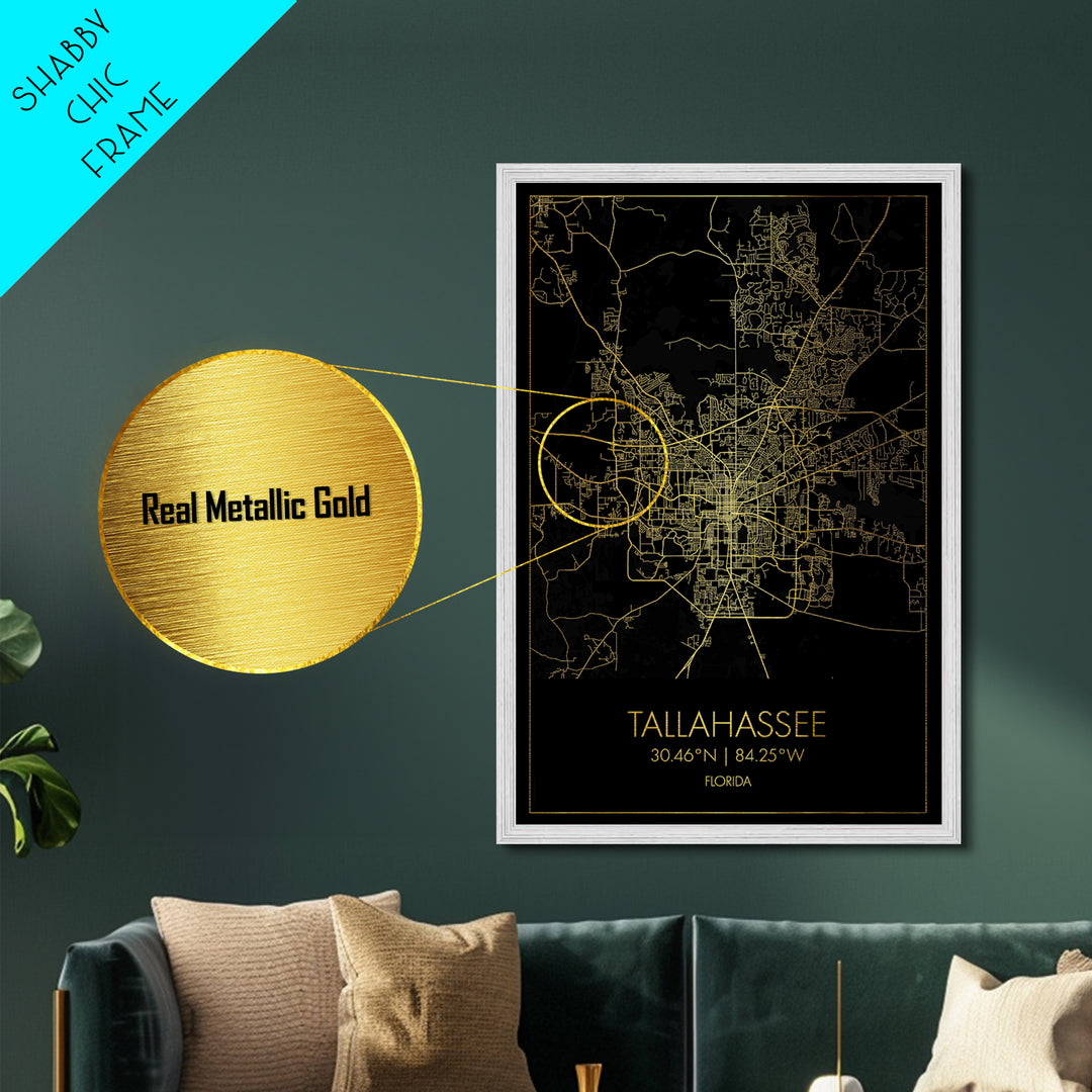 Tallahassee Florida City street map, Metallic Gold Print, Metal Art, wood framed map, black and gold, Gold Street Map Art, Modern Wall Art