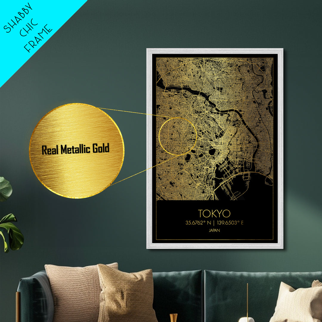Tokyo Japan City Poster, Metallic Gold Art, Metal Art, real wood frames, black and gold, Gold Street Map Art, Modern Wall Art