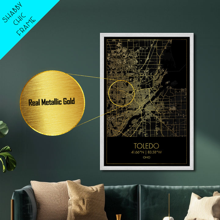 Toledo Ohio City street map, Metallic Gold Print, Metal Art, wood framed map, black and gold, Minimalist Wall Art, College Dorm Décor