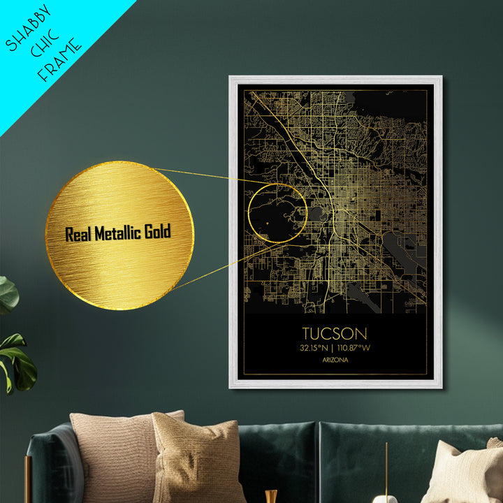 Tucson Arizona City street map, Metallic Gold Print, Metal Art, wood framed map, black and gold, Map Art, Office Decor