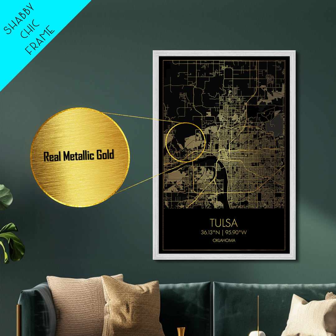 Tulsa Oklahoma City Poster, Metallic Gold Art, Metal Art, real wood frames, black and gold, Map Art, Best Friend Gifts