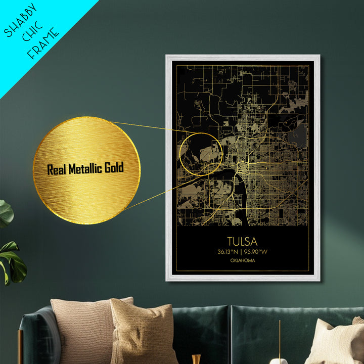 Tulsa Oklahoma City Poster, Metallic Gold Art, Metal Art, real wood frames, black and gold, Map Art, Best Friend Gifts