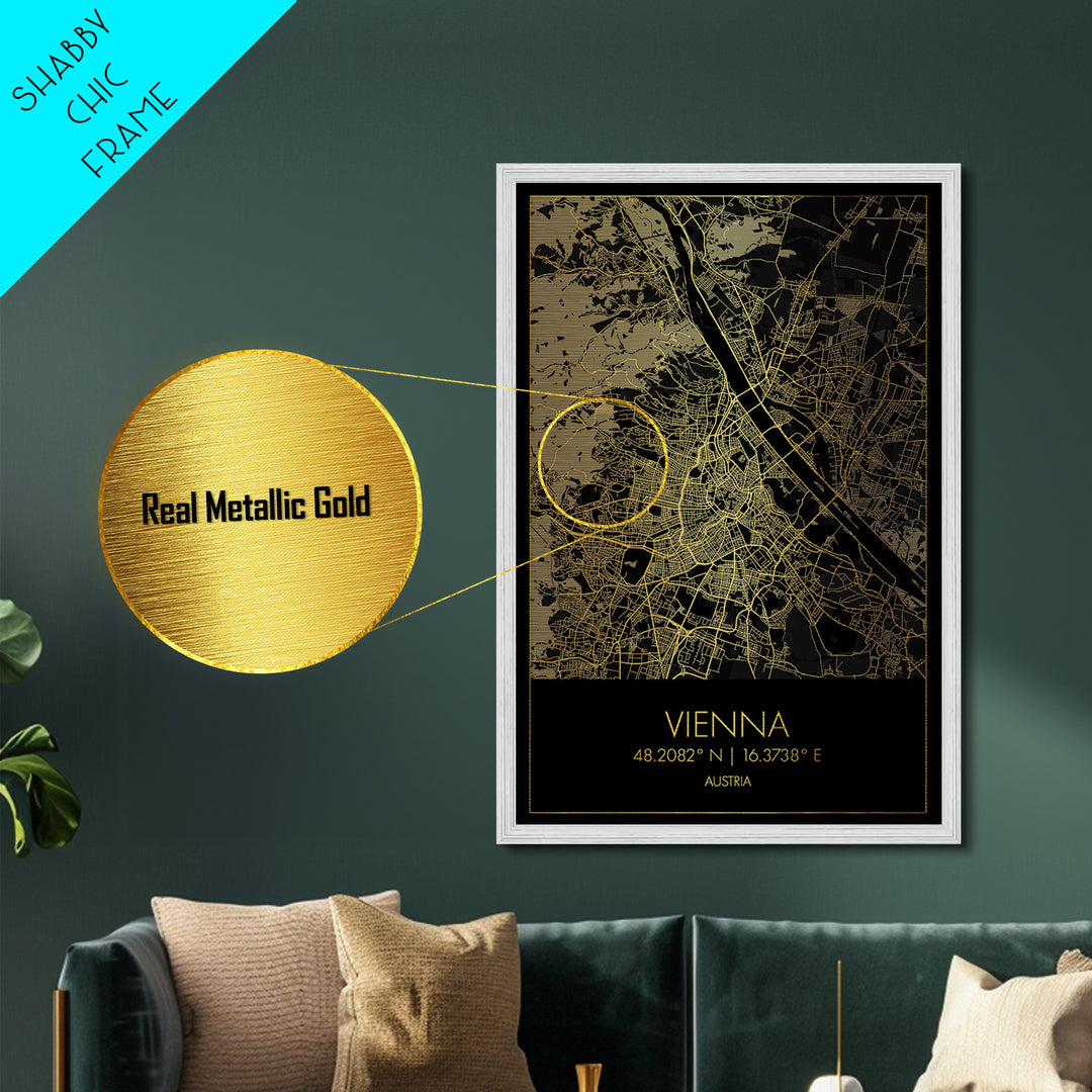 Vienna Austria City street map, Metallic Gold Print, Metal Art, wood framed map, black and gold, Gold Street Map Art, Modern Wall Art