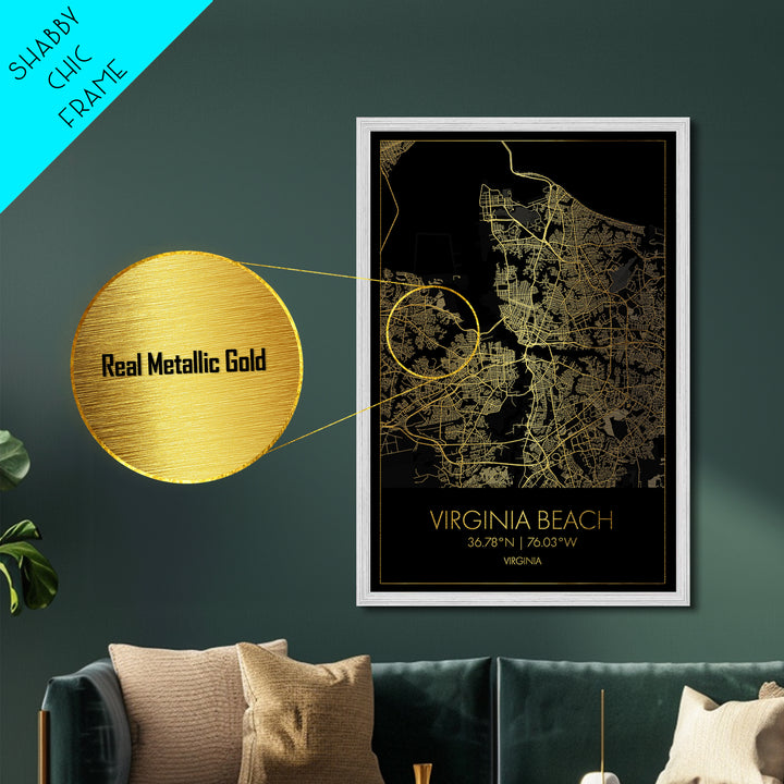 Virginia Beach Virginia City Poster, Metallic Gold Art, Metal Art, real wood frames, black and gold, Minimalist Wall Art, Map Print Poster
