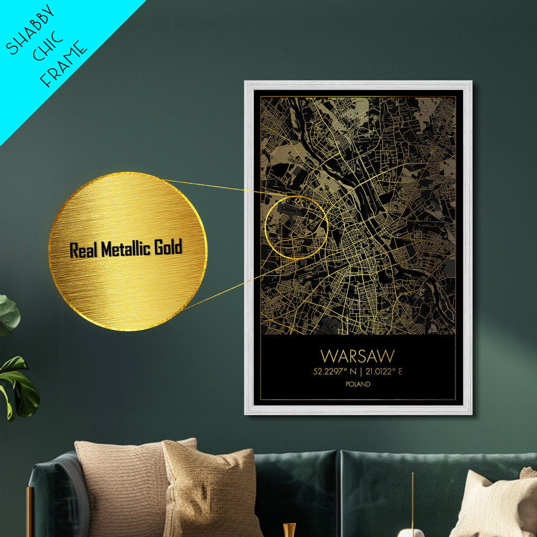 Warsaw Poland City street map, Metallic Gold Print, Metal Art, wood framed map, black and gold, Street Map Art, Office Decor