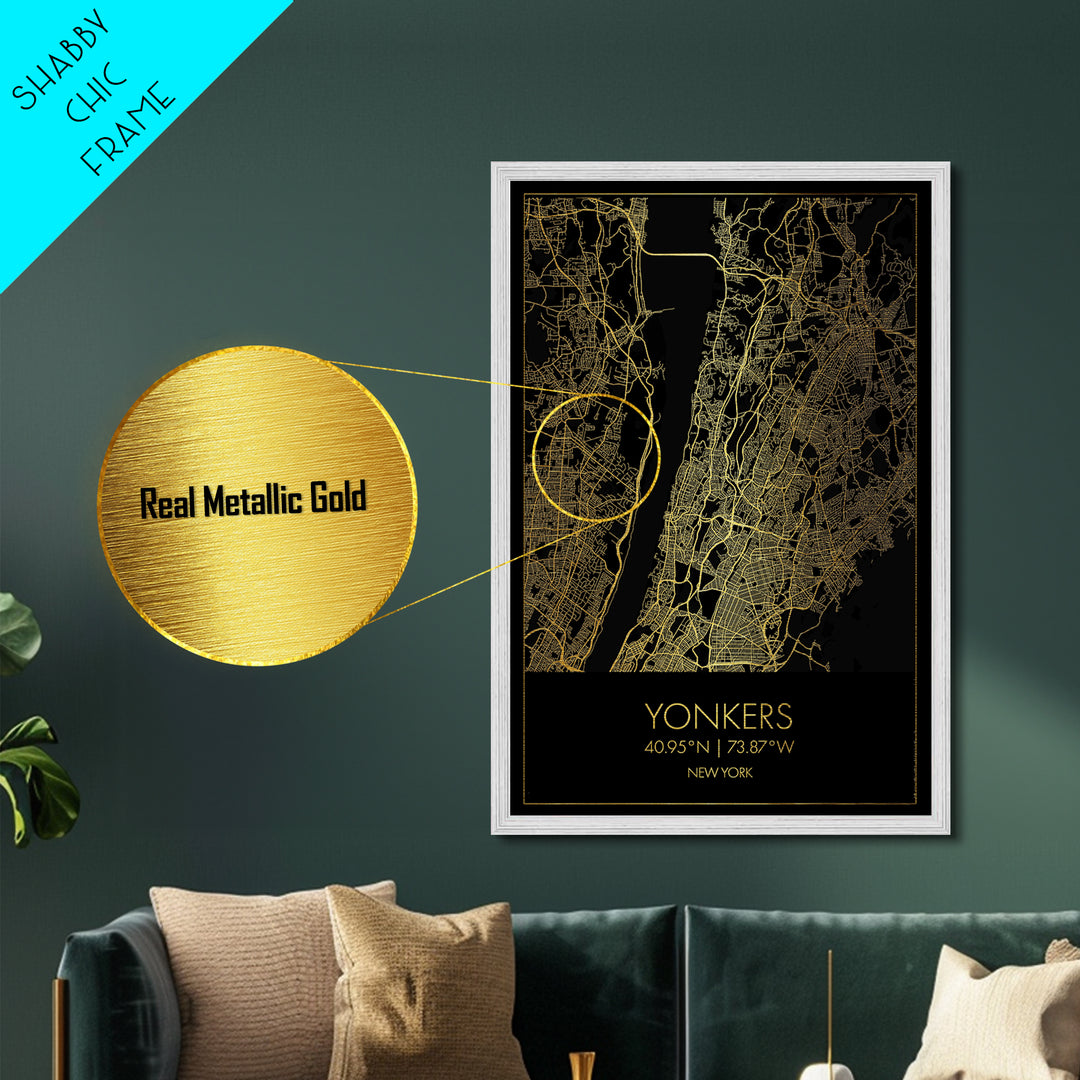 Yonkers New York City Poster, Metallic Gold Art, Metal Art, real wood frames, black and gold, Gold Street Map Art, Best Friend Gifts