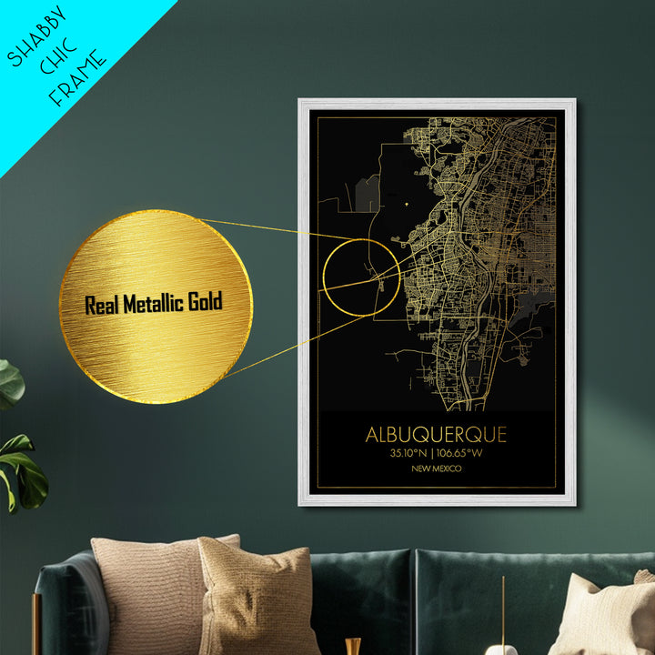 Albuquerque New Mexico City street map, Metallic Gold Print, Metal Art, wood framed map, black and gold, Map Art, Office Decor