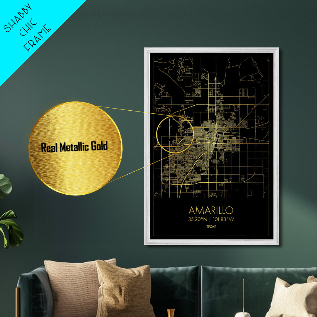 Amarillo Texas City Poster, Metallic Gold Art, Metal Art, real wood frames, black and gold, Map Art, Best Friend Gifts