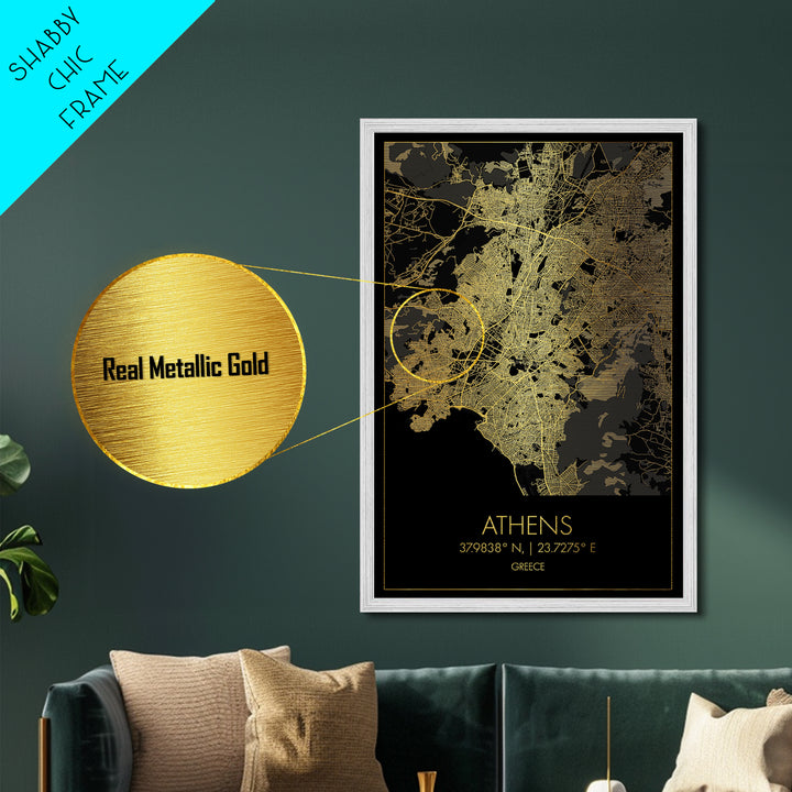 Athens Greece City street map, Metallic Gold Print, Metal Art, wood framed map, black and gold, Gold Street Map Art, Modern Wall Art