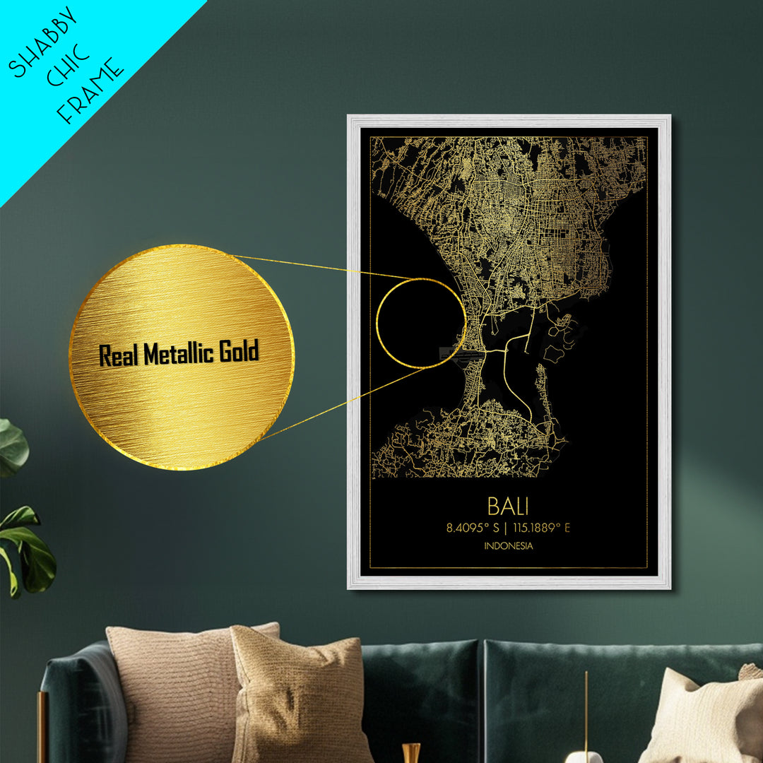 Bali Indonesia City Poster, Metallic Gold Art, Metal Art, real wood frames, black and gold, Map Art, Best Friend Gifts