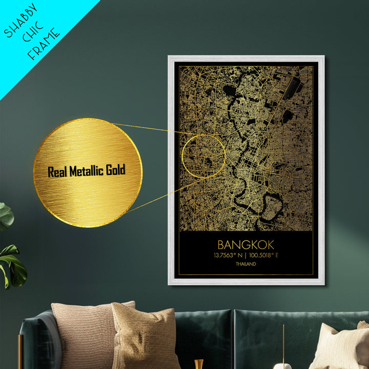 Bangkok Thailand City Poster, Metallic Gold Art, Metal Art, real wood frames, black and gold, Minimalist Wall Art, Map Print Poster