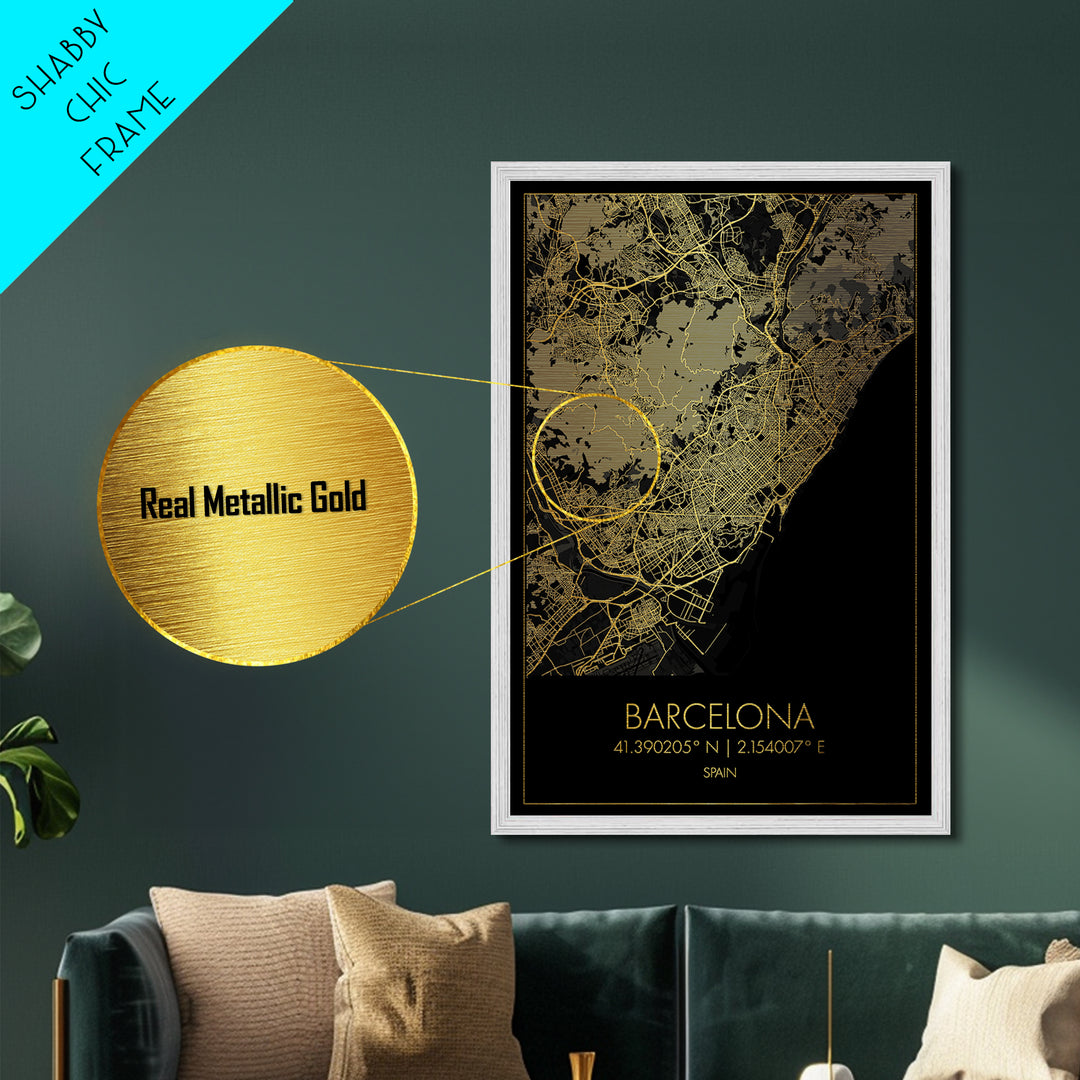 Barcelona Spain City street map, Metallic Gold Print, Metal Art, wood framed map, black and gold, Street Map Art, Office Decor