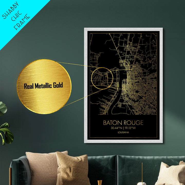 Baton Rouge Louisiana City Poster, Metallic Gold Art, Metal Art, real wood frames, black and gold, Map Art, Best Friend Gifts