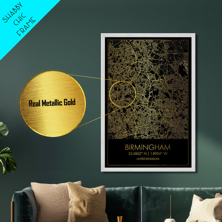 Birmingham United Kingdom City Poster, Metallic Gold Art, Metal Art, real wood frames, black and gold, Gold Street Map Art, Best Friend Gift