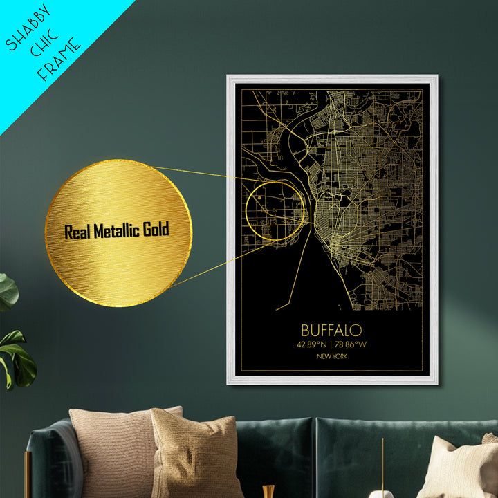 Buffalo New York City street map, Metallic Gold Print, Metal Art, wood framed map, black and gold, Street Map Art, Office Decor