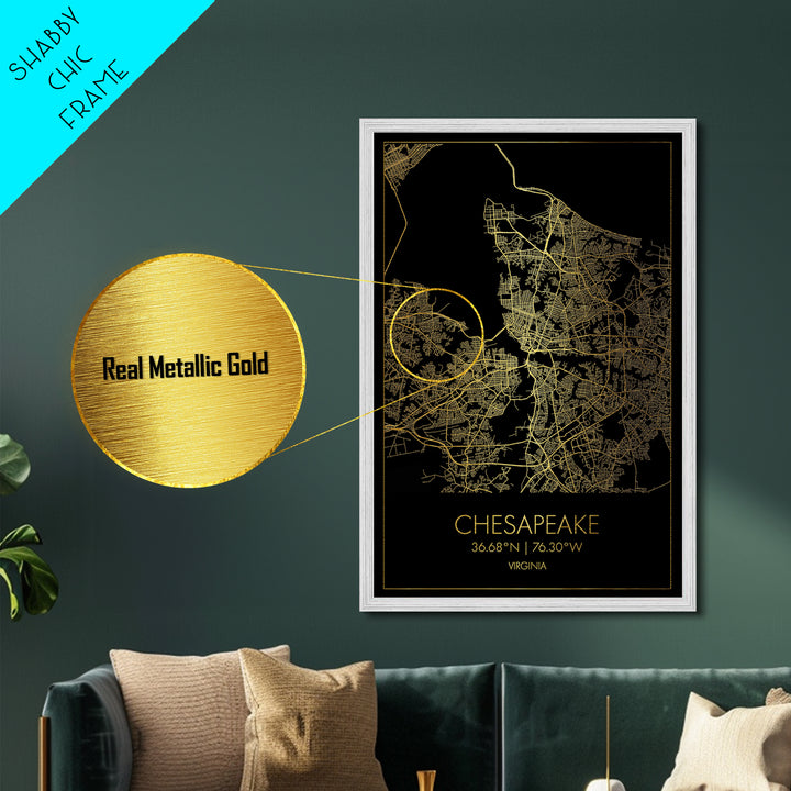Chesapeake Virginia City Poster, Metallic Gold Art, Metal Art, real wood frames, black and gold, Map Art, Best Friend Gifts