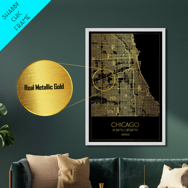 Chicago Illinois City street map, Metallic Gold Print, Metal Art, wood framed map, black and gold, Gold Street Map Art, Modern Wall Art